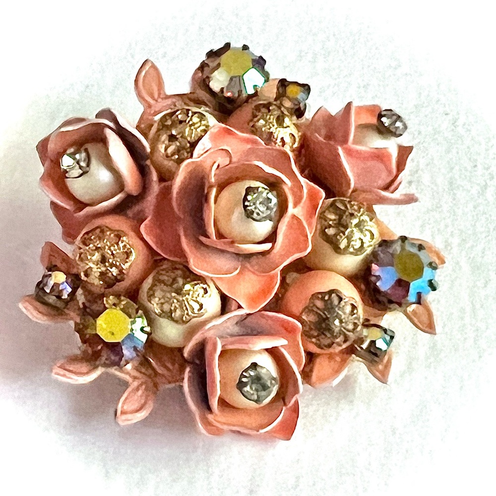 Romantic Vintage Flower Brooch Enamel Beaded Peach Pink Sparkle Rhinestone